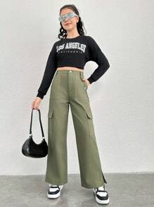 SHEIN Thiếu niên cô gái Túi nắp bên cạnh Viền chia cắt Quần Cargo - xanh quân đội - Xem 3