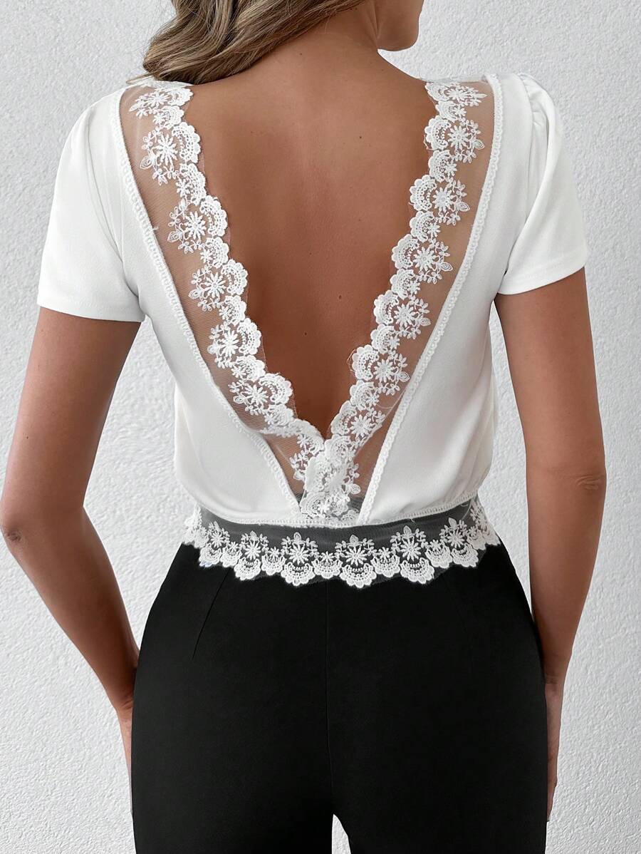EURMUSE Blusa con encaje en contraste de espalda cortada V - Blanco - Ver 1