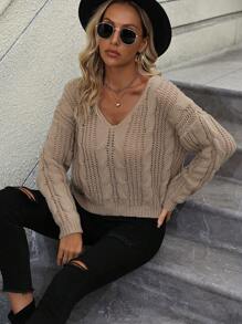 SHEIN LUNE 麻花针织落肩套头衫秋冬毛衣 - 卡其色 - 查看 6