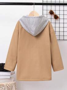 SHEIN 男大童字母刺繡加絨內裏連帽花呢外套不帶T恤 - 棕色 - 查看 2