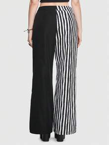 ROMWE Goth Striped Print Flare Leg Pants - Black and White - View 5