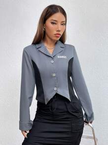 Flirla Letter Graphic Two Tone Asymmetrical Hem Blazer Fall Cloth For Women - Multicolor - View 1