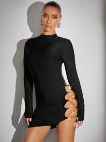 SHEIN BAE Lace Up Side Bodycon Dress - Black - View 7