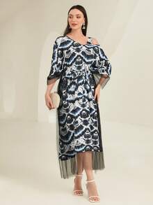 Al Najma Tie Dye Contrast Mesh Kaftan - Multicolor - View 3