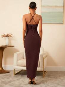 COSMINA Women Dresses Backless Tie Back Split Thigh Plain Seksi - Chocolate Brown - View 2