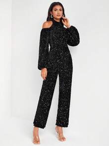 SHONTAY RACQUEL Off Shoulder Halter Neck Lantern Sleeve Sequin Jumpsuit - Black - View 4