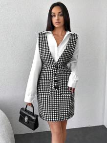 EURMUSE Houndstooth Print Overall Dress Without Blouse - Black - View 4