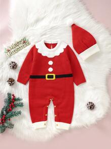 Baby Girl Christmas Pattern Knit Jumpsuit & Hat - Red - View 5