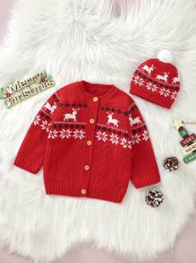 Đứa bé gái Mẫu giáng sinh Nút phía trước Áo len Mở Với mũ - Đỏ - Xem 4