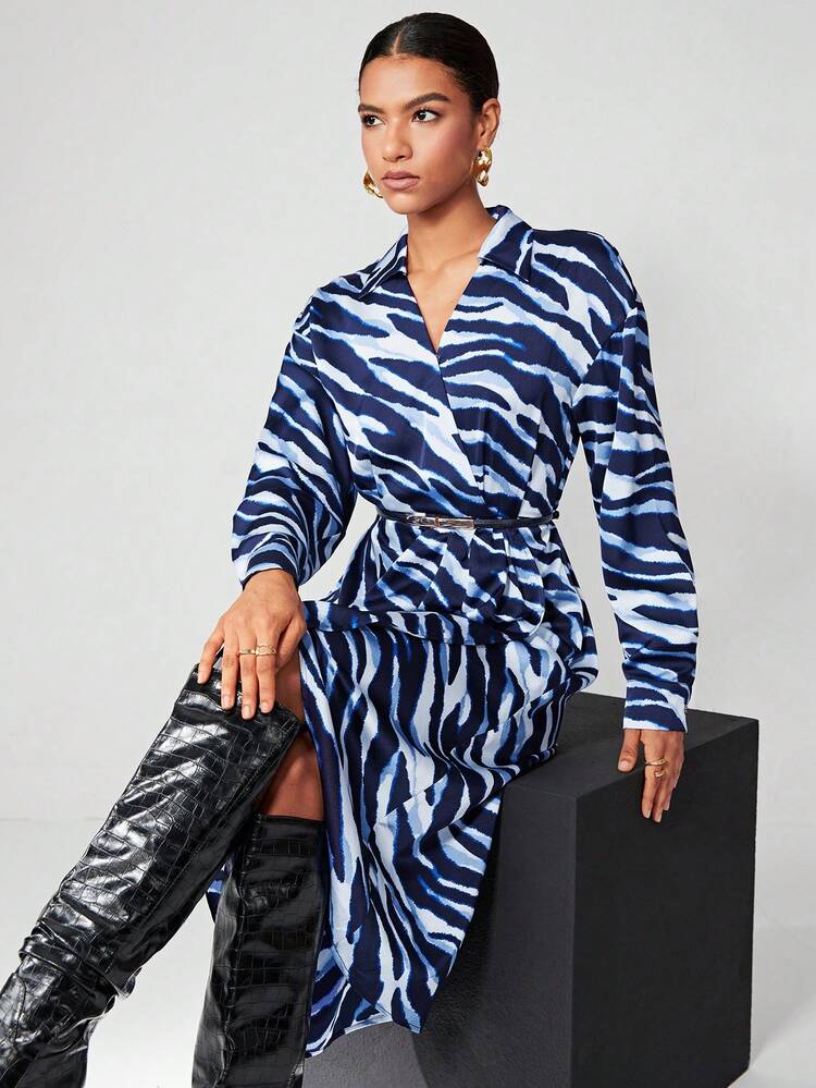 SHEIN Maija カジュアル ボタン ラップ ゼブラストライプ レディースワンピース