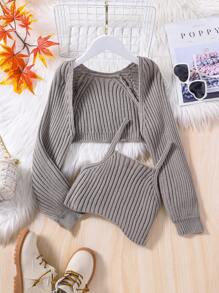 SHEIN Cô gái Tween Mở Mặt trước Nhún vai Áo len Mở & Áo thun dệt kim Cami - Xám - Xem 1