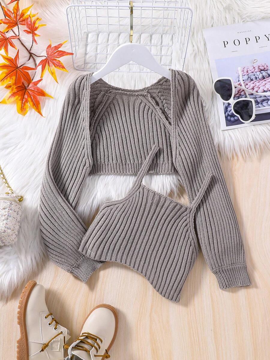 SHEIN Cô gái Tween Mở Mặt trước Nhún vai Áo len Mở & Áo thun dệt kim Cami - Xám - Xem 1