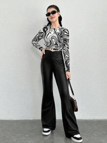 Quần ống loe lưng cao xếp nếp bằng da màu trơn dành cho cô gái tuổi teen - màu đen - Xem 4