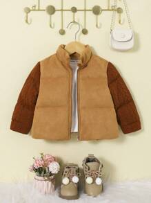 SHEIN Baby Girl Colorblock Zip Up Jacket Without Tee - Khaki - View 1