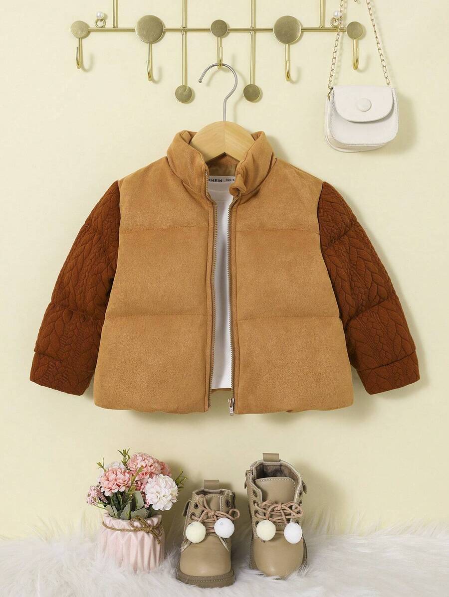 SHEIN Baby Girl Colorblock Zip Up Jacket Without Tee - Khaki - View 1