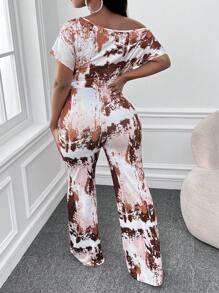 Slaydiva Tie Dye Asymmetrical Neck Flare Leg Jumpsuit - Multicolor - View 2