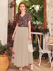 Modelyn Solid Pleated Belted Maxi Skirt - Khaki - View 3