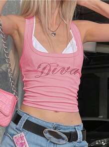 Rhinestone Letter Racerback Crop Tank Top Without Bra - Pink - View 1