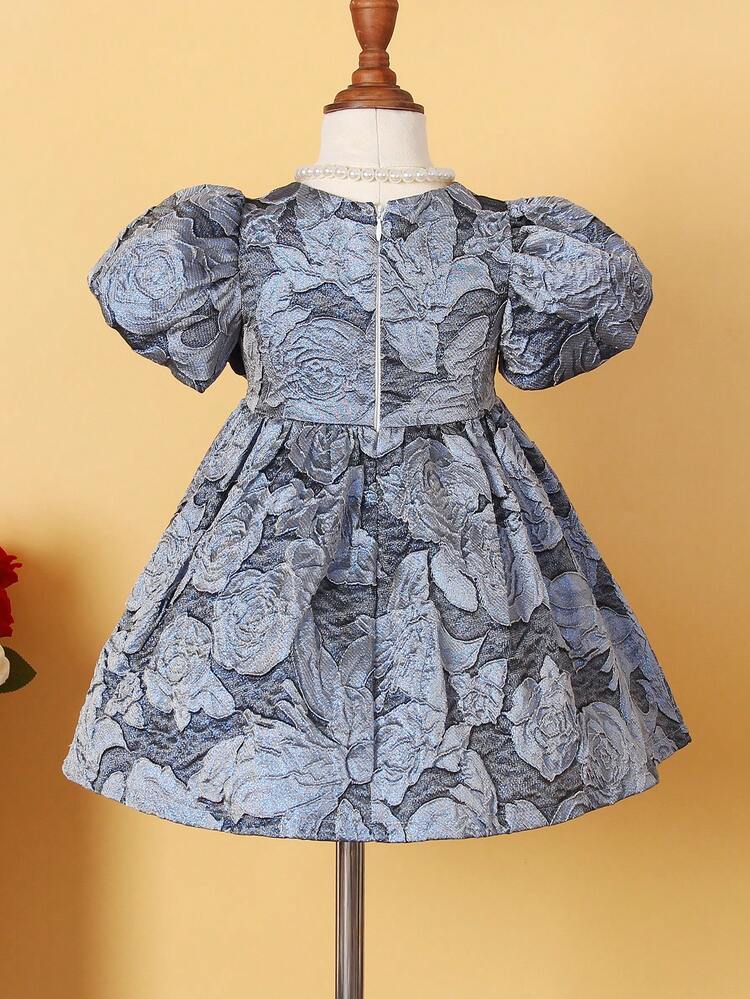 Baby Girl Floral Jacquard Puff Sleeve Party Dress