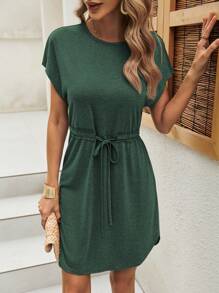 SHEIN LUNE 素色腰部抽繩蝙蝠袖洋裝 - 墨綠色 - 查看 1