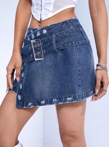 SHEIN ICON Buckle Detail Asymmetrical Hem Denim Skirt - Medium Wash - View 5