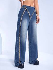SHEIN ICON Jeans ribete crudo de pierna ancha - Azul lavado medio - Ver 6
