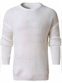 Men Solid Ribbed Knit Drop Shoulder Crochet Sweater - White - View 4