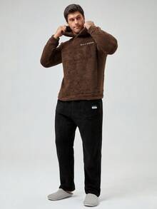 男士字母刺繡絨毛連帽休閒服上裝 - 咖啡棕 - 查看 6