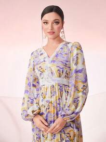 Mulvari Allover Print Lantern Sleeve Ruffle Hem Dress - Multicolor - View 3