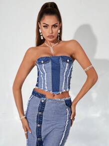 SHEIN BAE 毛邊緣不對稱下擺牛仔抹胸上衣 - 中等水洗藍 - 查看 6