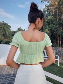 SHEIN Unity Tops de mujeres Nudo Volante rígido Liso Dulce - verde menta - Ver 2