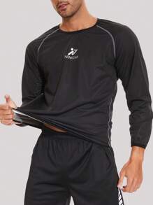 男士字母圖形對比鑲邊拉格蘭袖運動衛衣,健身衣服 - 黑色 - 查看 5