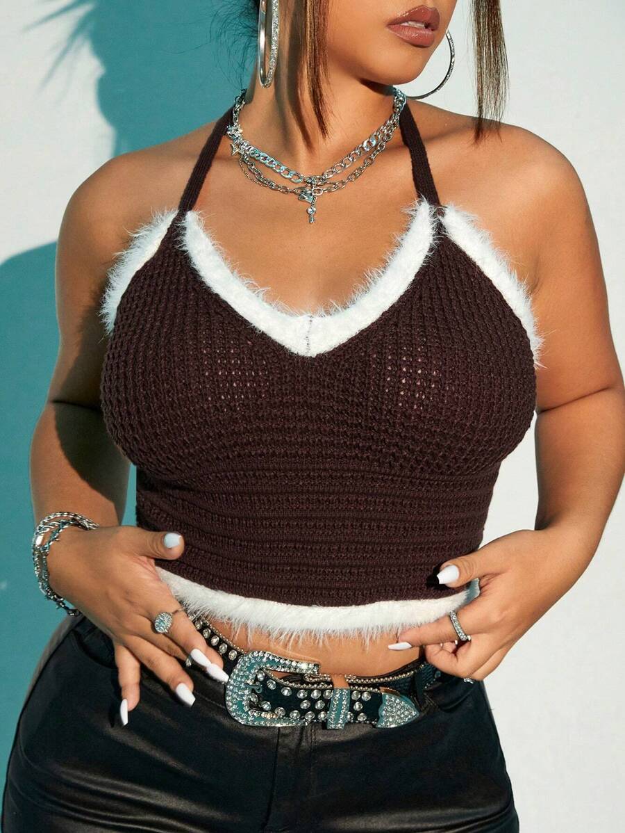 SHEIN ICON Plus Fuzzy Trim Halter Knit Top - Coffee Brown - View 1