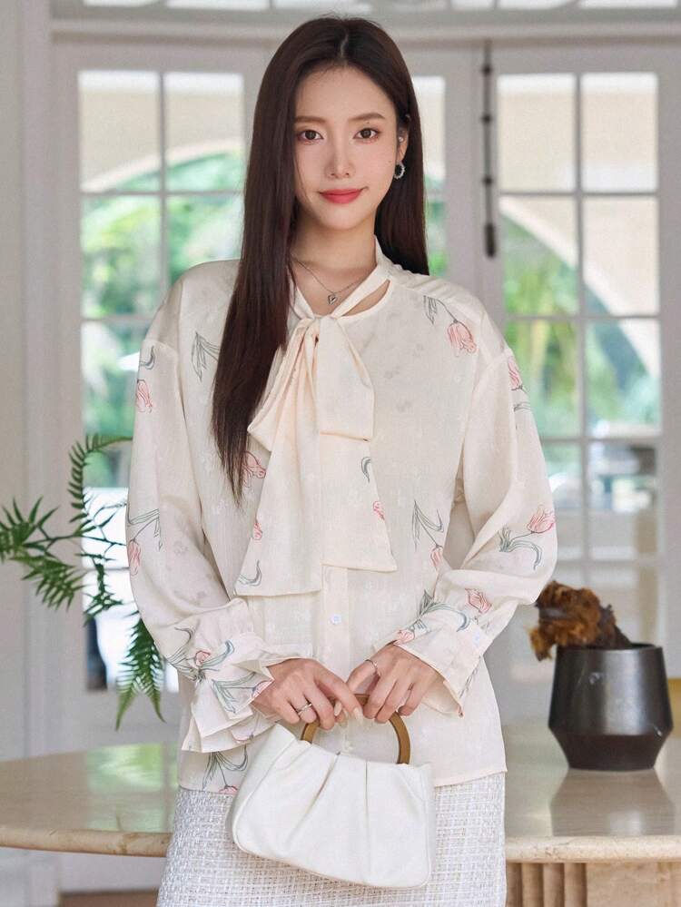 Floral Print Tie Neck Blouse Work Women Clothes,Fall Women Clothes Long Sleeve Top