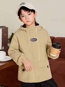 SHEIN 男大童字母拼貼細節帶蓋口袋連帽外套 - 卡其色 - 查看 5