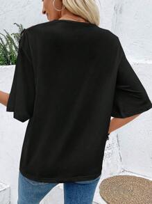 Ellegaria. 愛心圖案交叉不對稱領T恤 - 黑色 - 查看 2