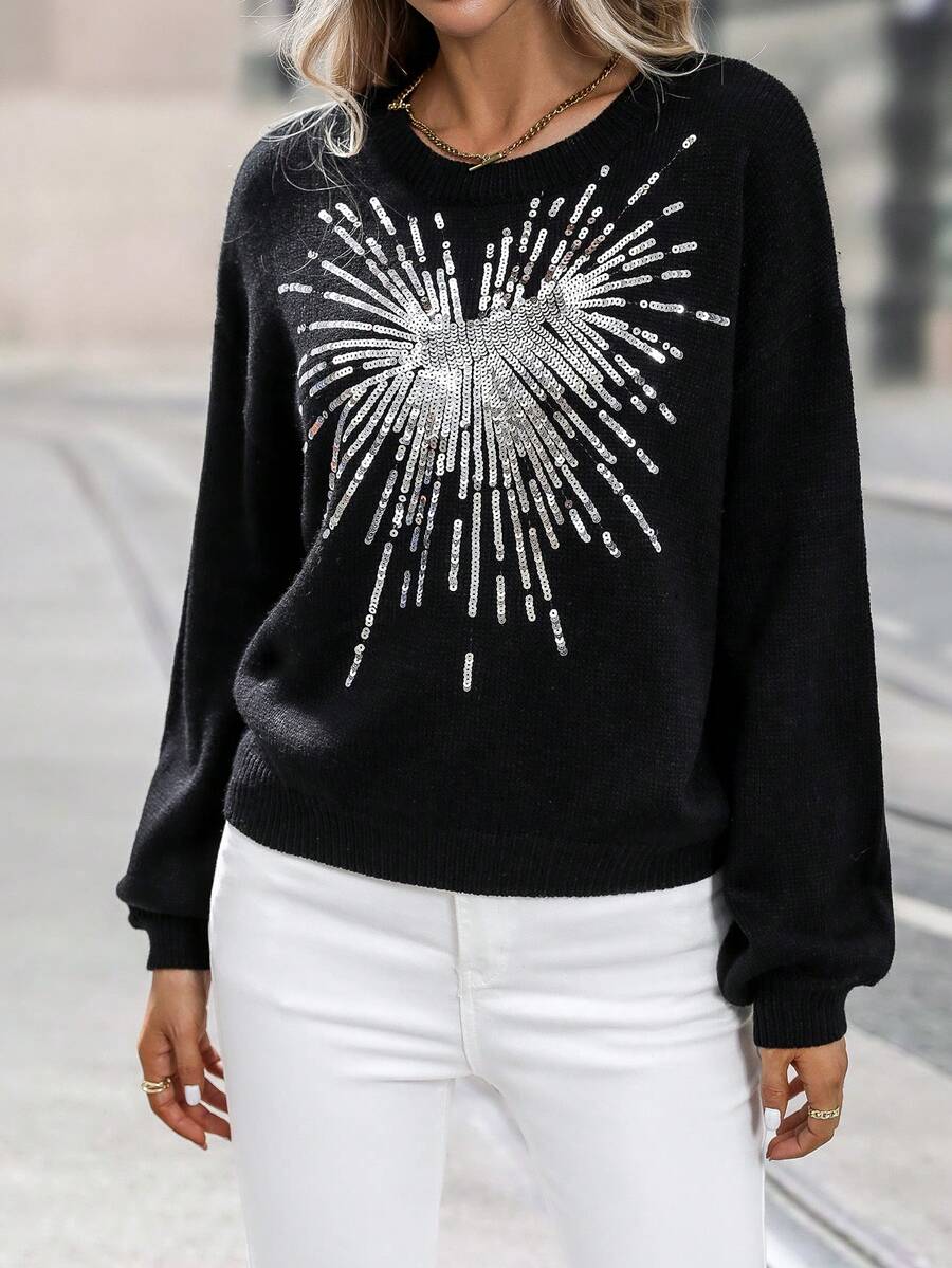 SHEIN LUNE Mẫu đồ họa Thả vai Áo len - màu đen - Xem 1