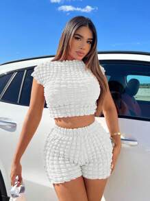 SHEIN SXY Summer Solid Crop Tee & Shorts - White - View 4