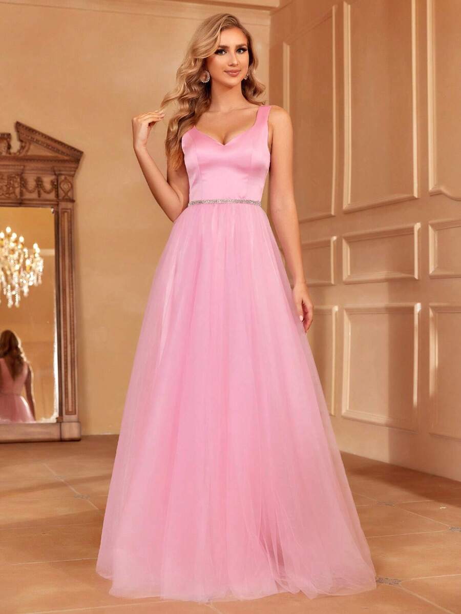 Sweetheart Contrast Mesh Formal Dress - Pink - View 1