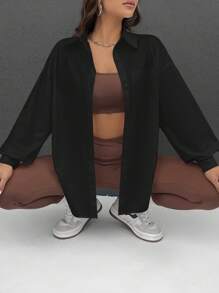 SHEIN EZwear 字母圖案落肩袖襯衫 - 黑色 - 查看 3