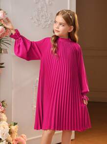 SHEIN Leap Crew 女大童後綁帶蝴蝶結插肩袖百褶細節洋裝 - 玫紅色 - 查看 5