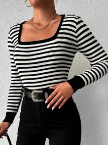 EURMUSE Striped Print Square Neck Tee - Black and White - View 5