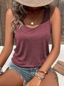 SHEIN LUNE Solid Scoop Neck Tank Top - Maroon - View 4