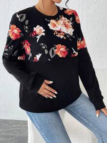 SHEIN 圓領花卉印花拼布寬鬆雙拉鍊孕婦及哺乳期運動連帽衫 - 黑色 - 查看 4