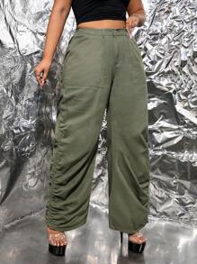 SHEIN ICON Talla grande Jeans fruncido de pierna ancha sin cinturón - Verde militar - Ver 6