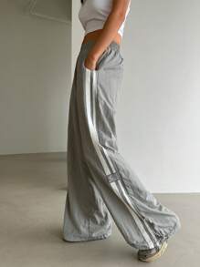 DAZY Contrast Side Seam Wide Leg Pants,Women Joggers - Grey - View 5