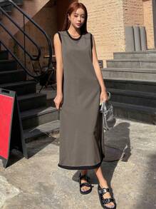 DAZY Đầm Tương phản ràng buộc màu trơn Giải trí - Xám - Xem 5