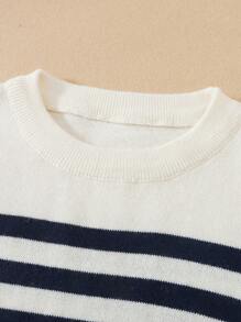 Tween Boy Collegiate Style Round Neck Striped Lightweight Sweater, Spring & Fall