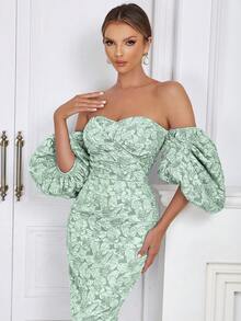 Off Shoulder Puff Sleeve Split Back Floral Jacquard Dress - Green - View 7
