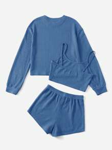 Miss Vinta Plus Solid Waffle Knit Cami Top & Shorts & Drop Shoulder Tee PJ Set / Pajama Set, Fall Winter Clothes, Cozy Outfit - Blue - View 2